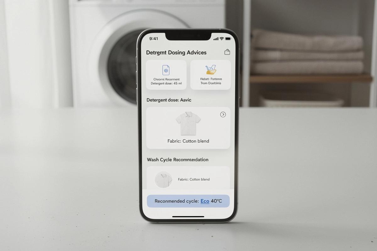Smartphone showing the laundry assistant app with dosing, fabric scan, and cycle guidance